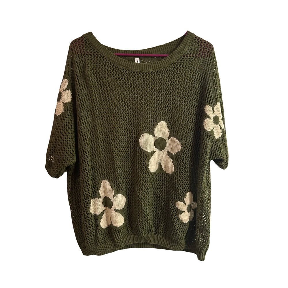 Green Knit Sweater with Floral Design
